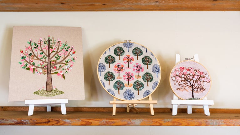 Festival of Blossom community embroidery in the Orangery Café at Ham House, London